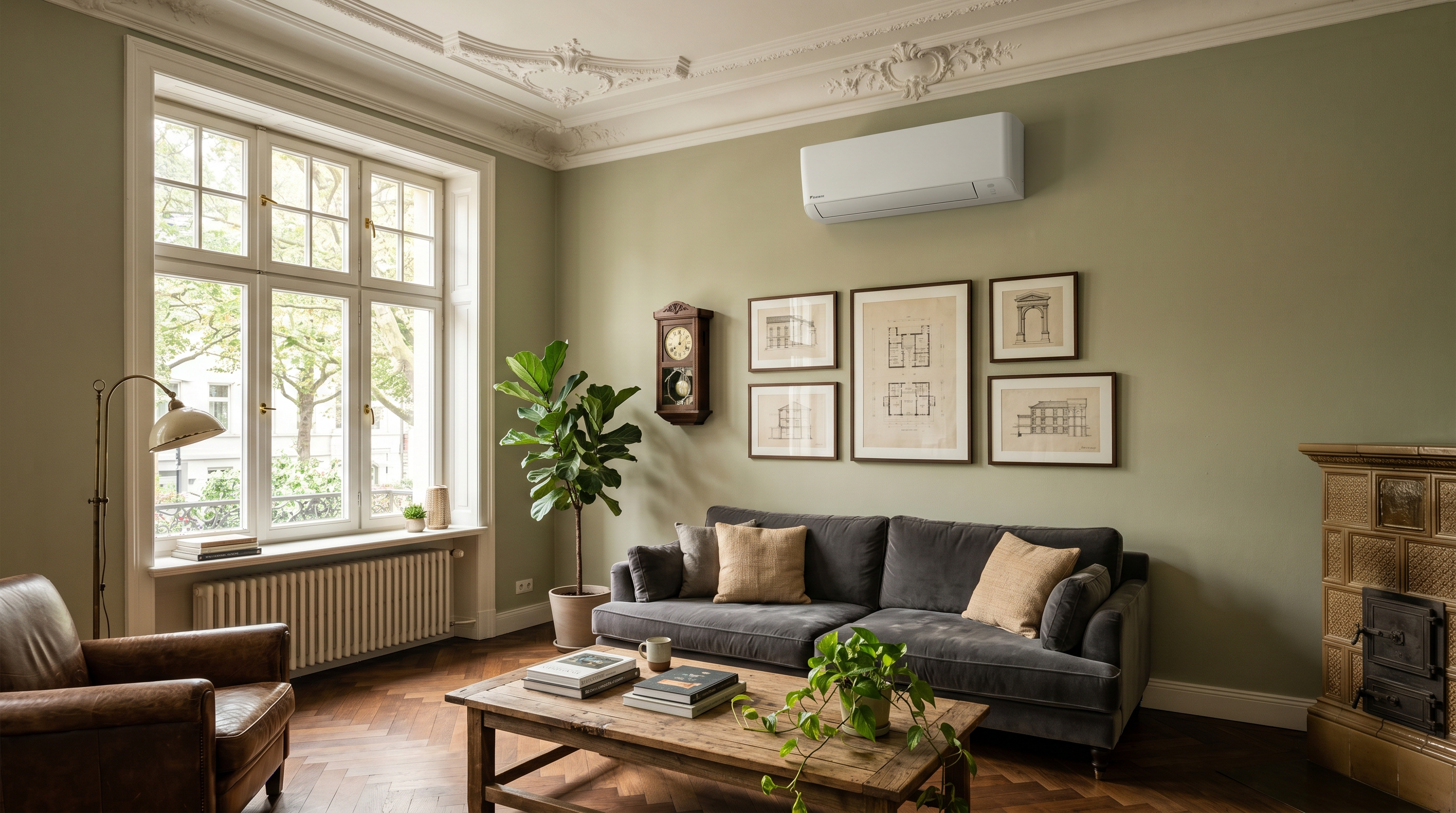 Split-Klimaanlage in einem Altbau-Wohnzimmer mit Stuck und hohen Decken