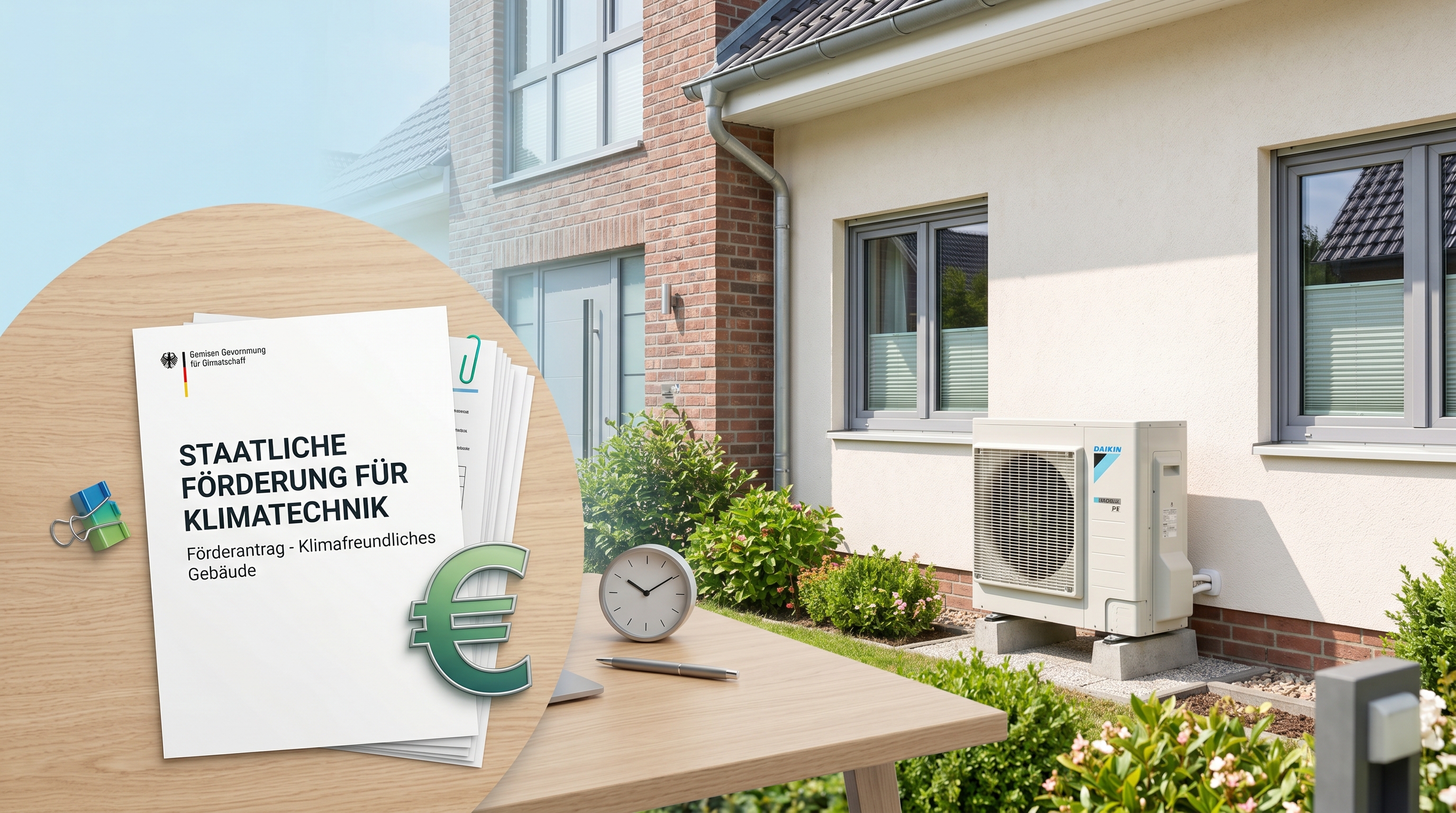 Staatliche Förderung für Klimatechnik – BAFA-Förderantrag vor einem Haus mit Wärmepumpe